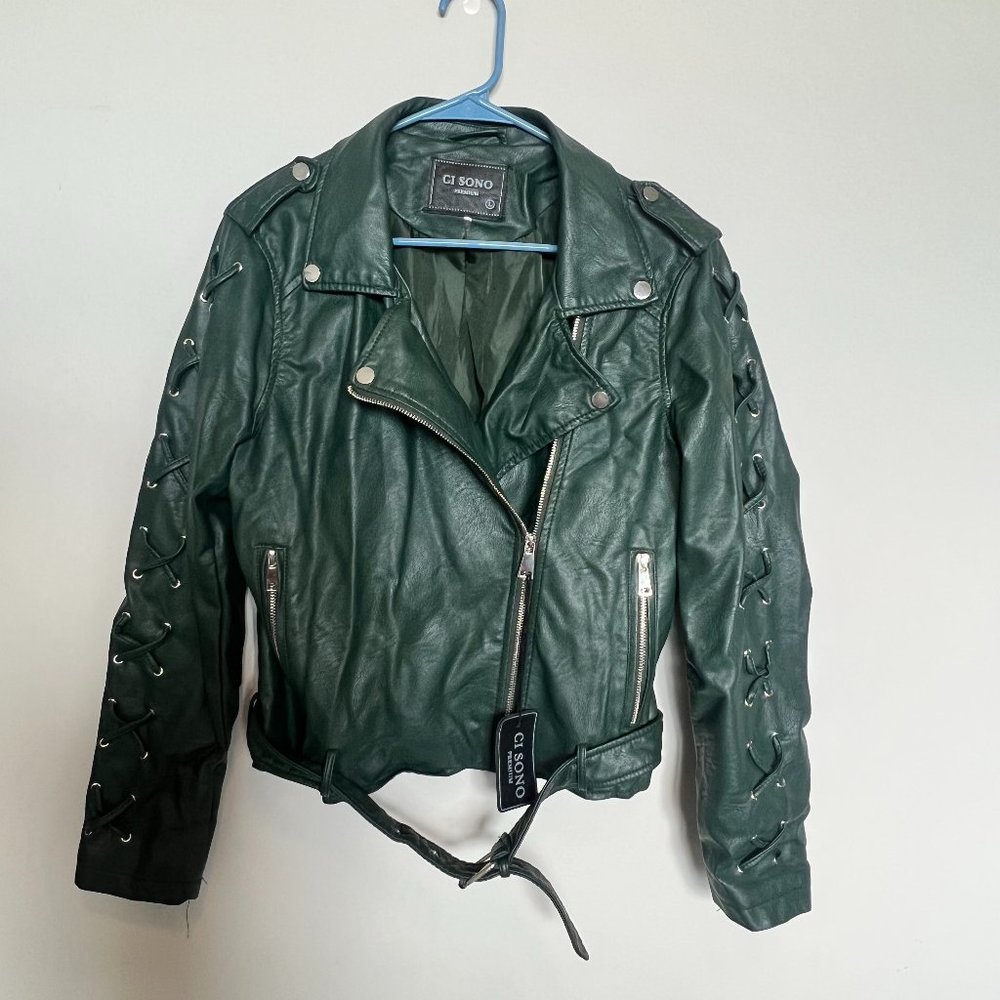 Ci sono women's Vegan Leather Medium Jacket with Laced Up Sleeves Green NWT